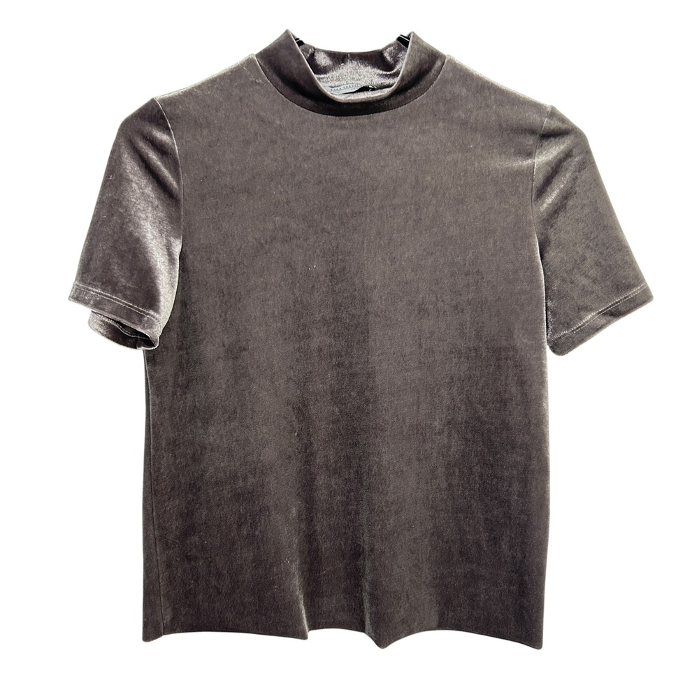 Zara Trafaluc Velvet Mock Neck Top Womens Small Gray Short Sleeve Y2K Minimalist